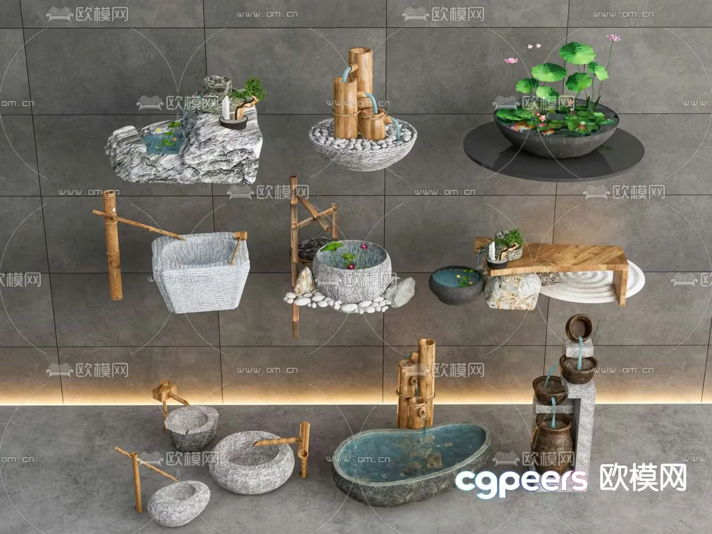 New Chinese style courtyard sketch pool flowing water 3d model