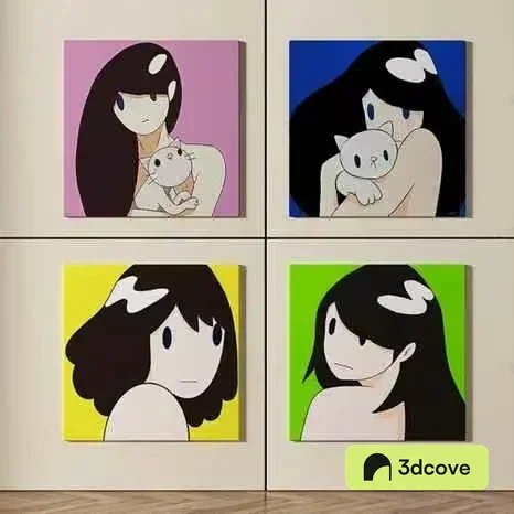 Four Cartoon Paintings Of Women Holding Cats