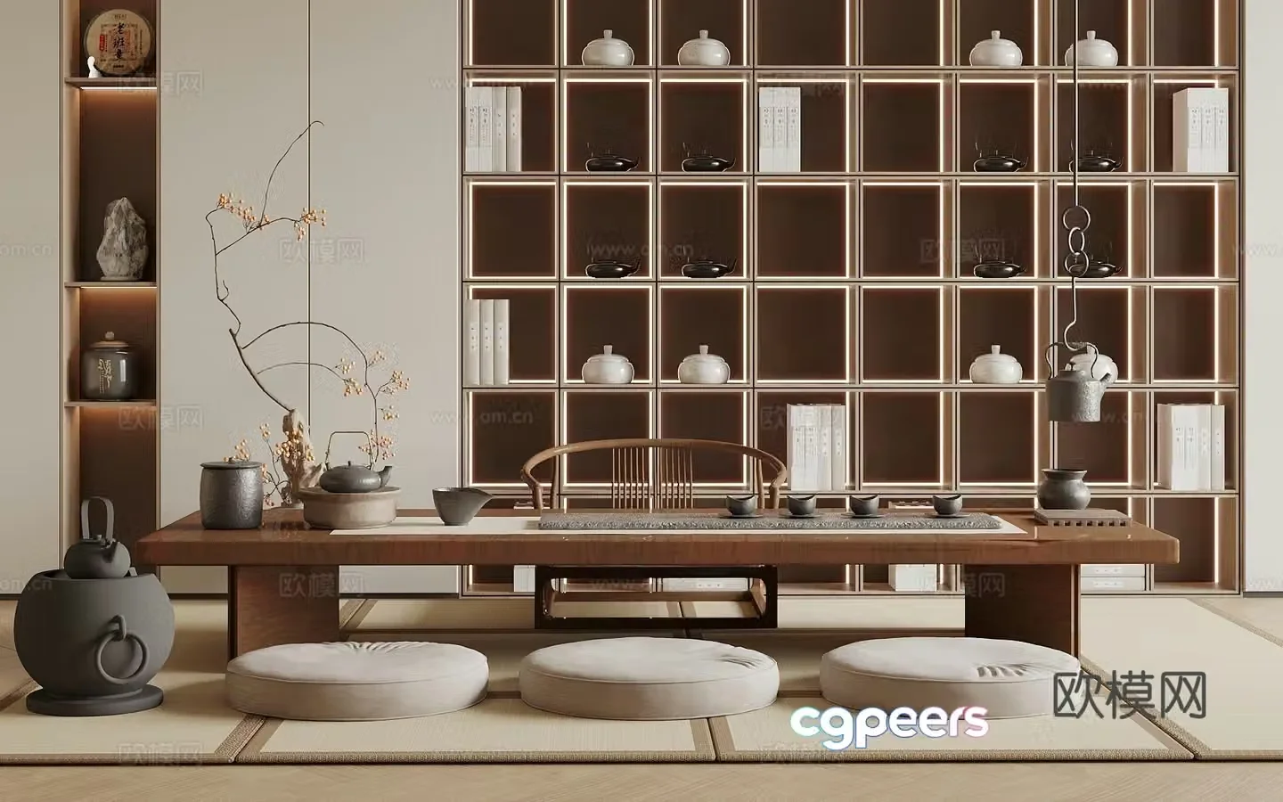 New Chinese-style tatami tea room tatami tea table and chair tea cabinet seat cushion tea set hanging teapot 3D model
