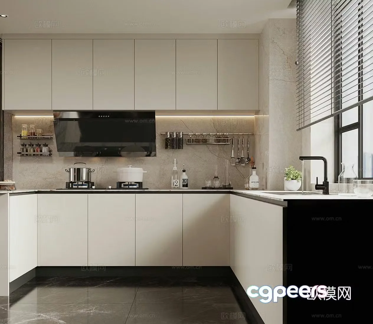 Modern enclosed kitchen Kitchen supplies combination U-shaped kitchen Gas stove gas stove Seasoning bottle 3D model