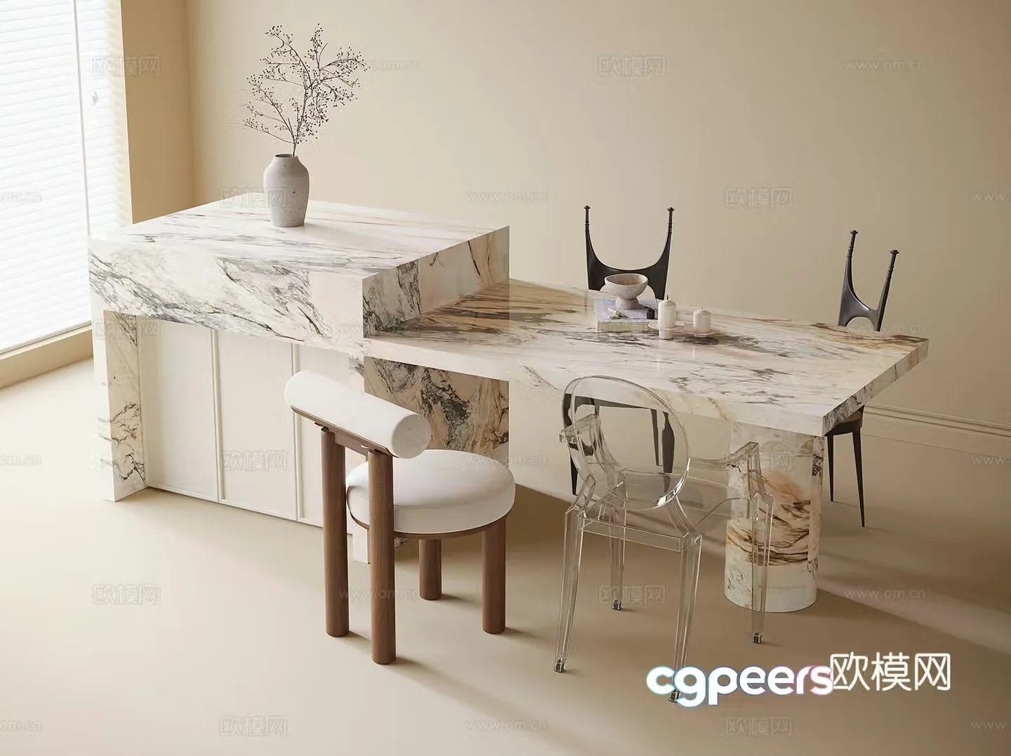 Modern island dining table and chairs 3d model