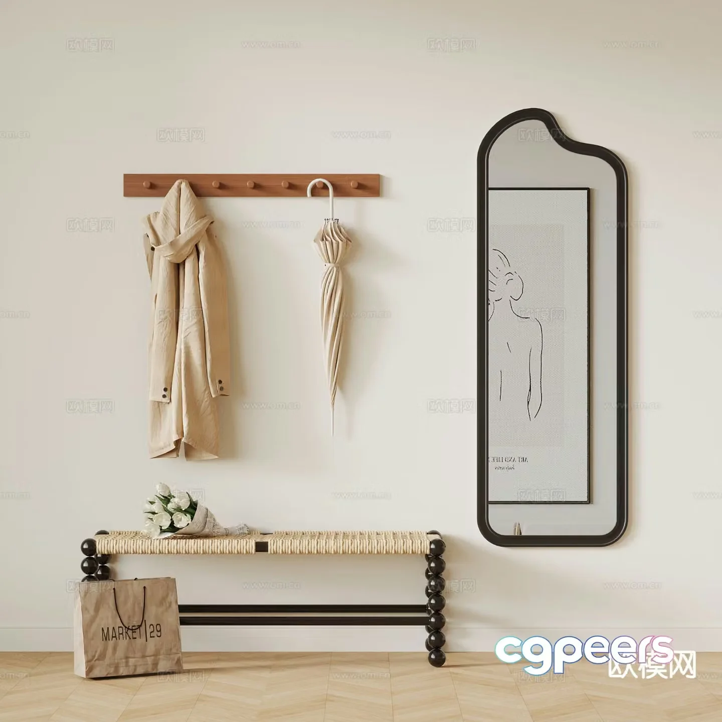 Mirror full-length mirror shoe changing stool clothes hook 3D model