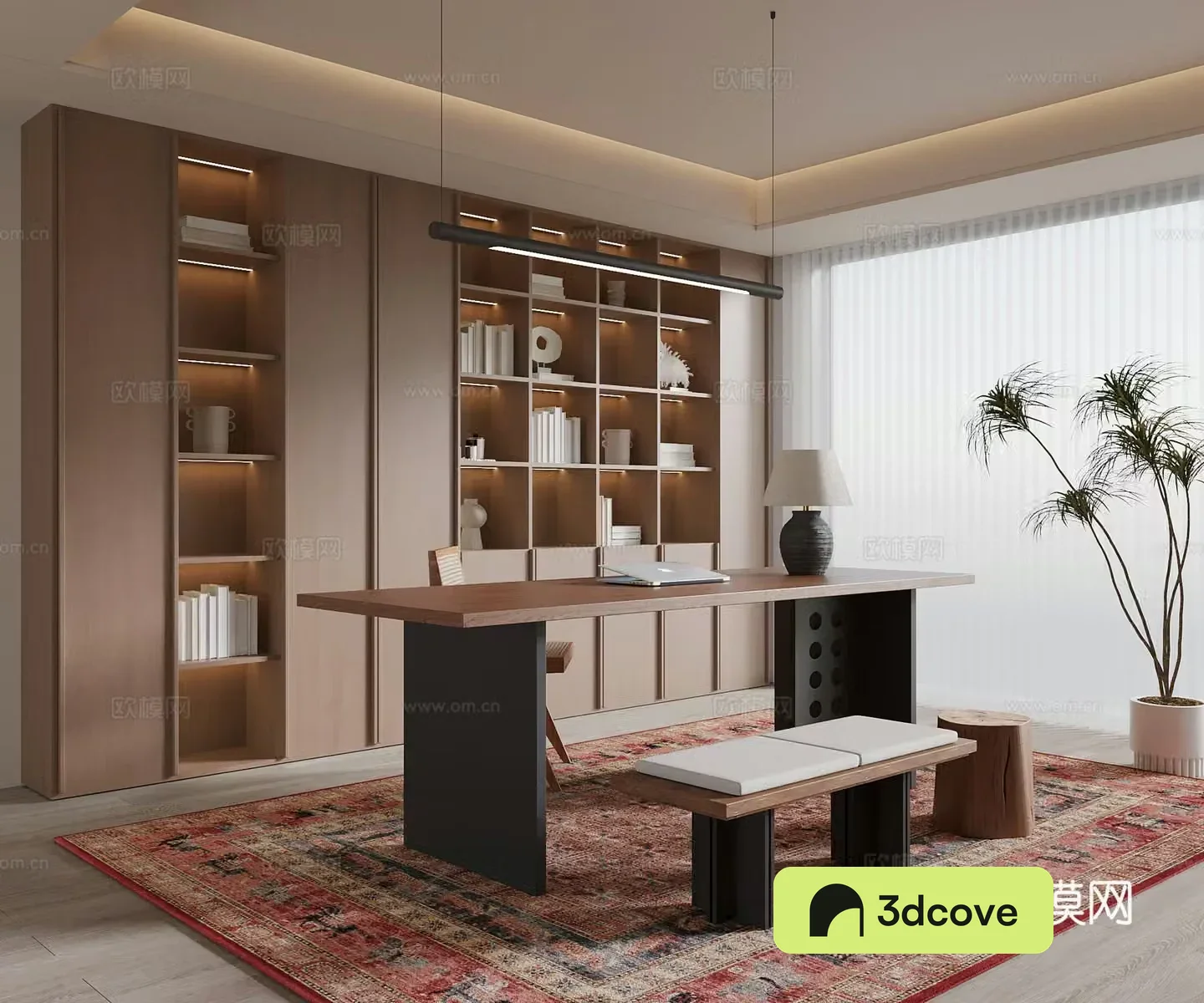 Middle-aged study bookcase desk and chair 3D model