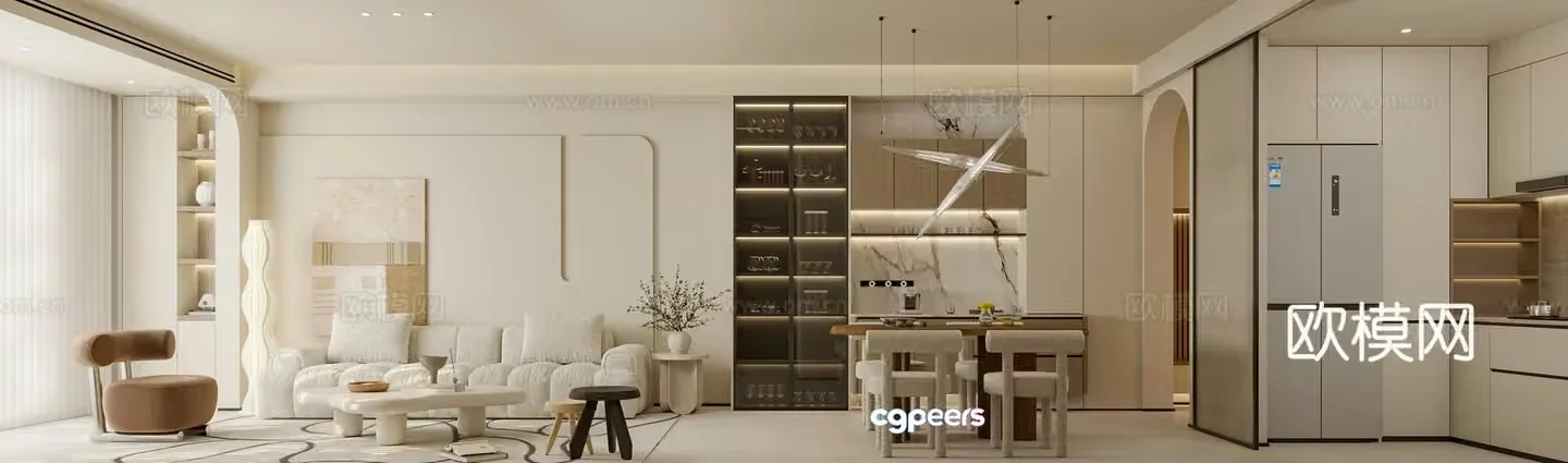 Modern Cream Style Restaurant 3D Model