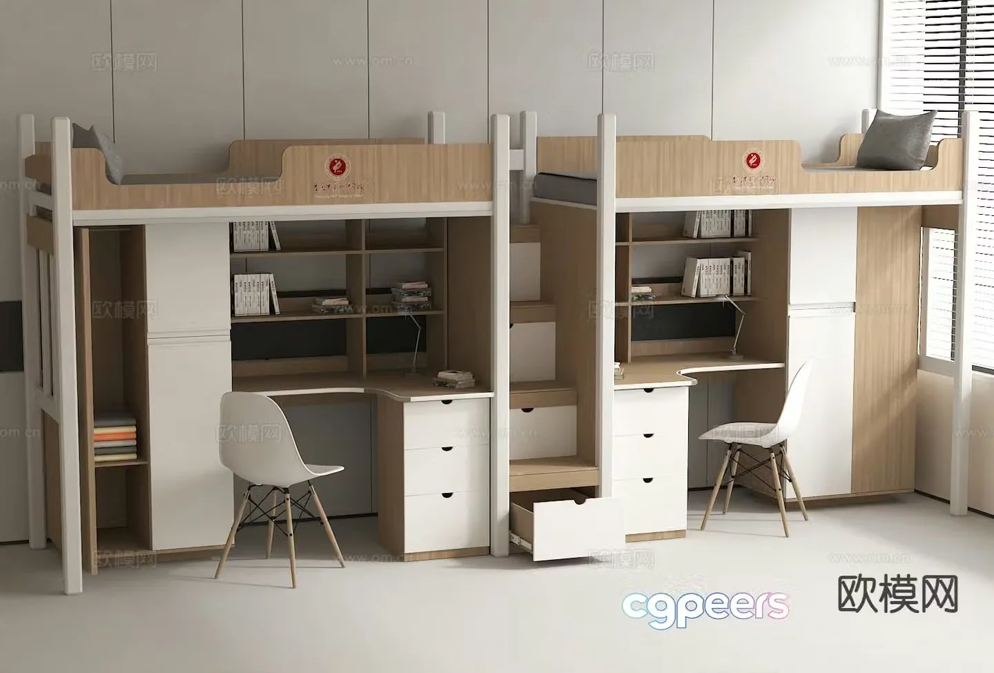 Dormitory bed upper bed and lower table one-piece bed 3D model