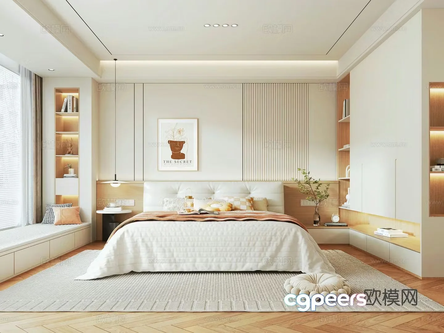Modern creamy bedroom fabric double bed side table wardrobe bedroom chandeliers 3d model
