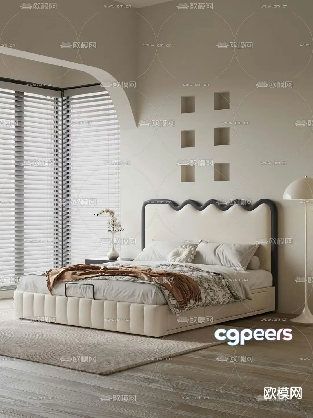Cream style double bed 3d model