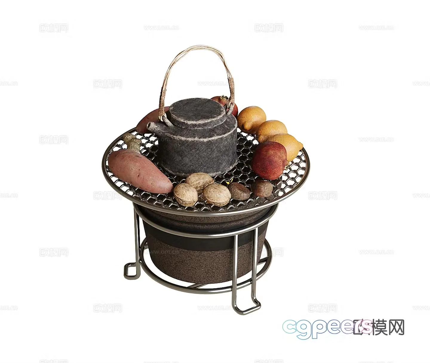Modern tea set 3D model in front of the stove