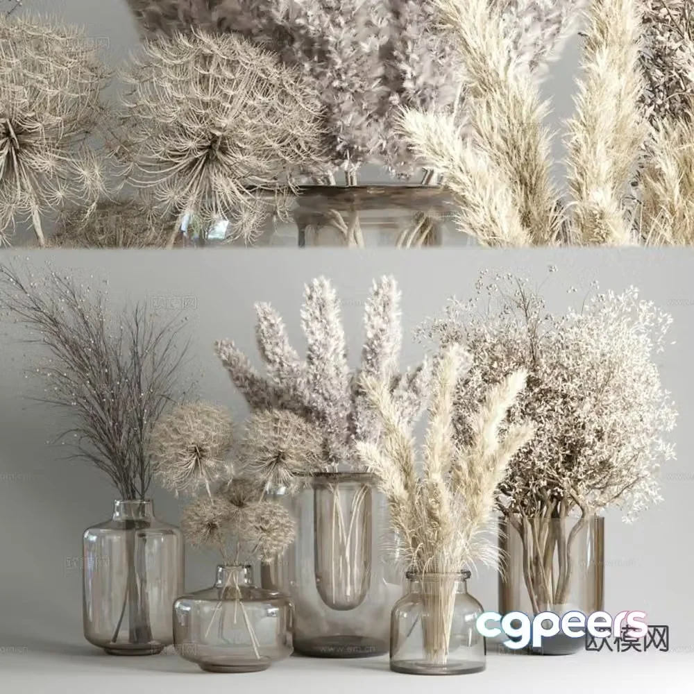 glass vase floristry reed dried flowers 3d model