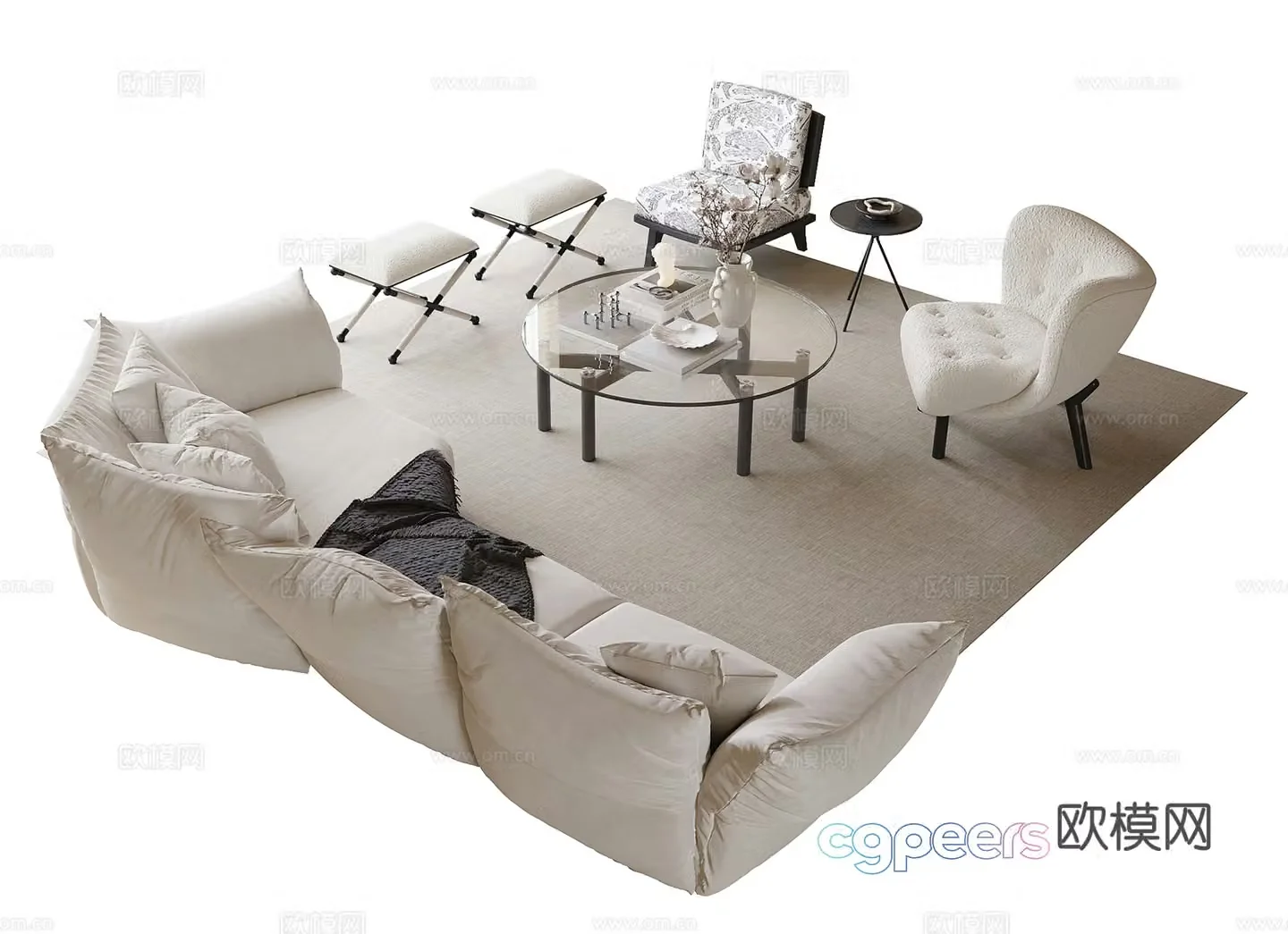 French sofa coffee table combination round coffee table petal sofa single sofa 3D model