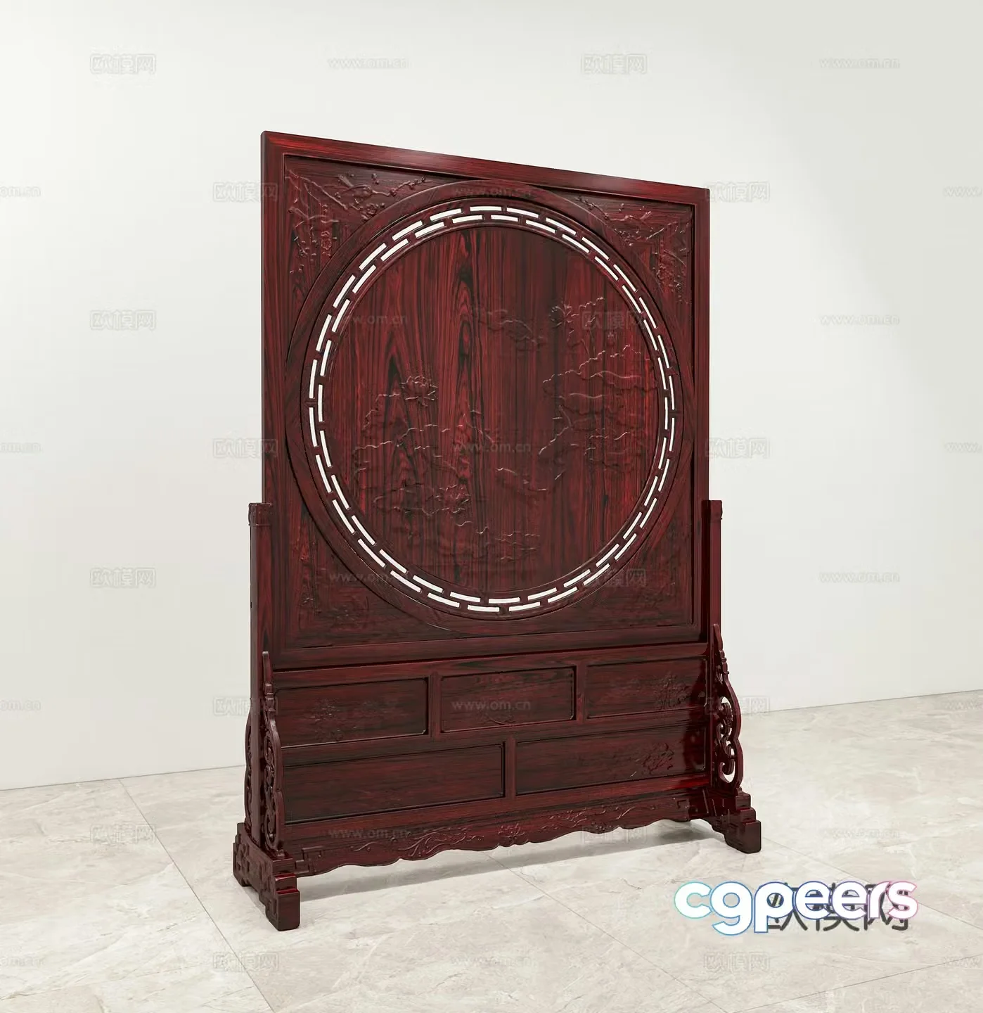 Chinese round screen relief carving solid wood mahogany 3D model