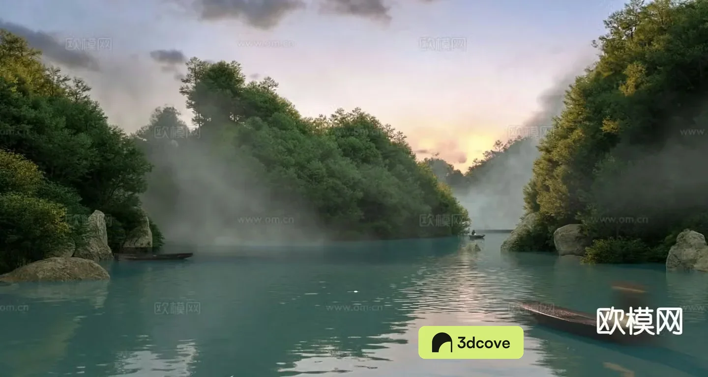 Modern waterfront landscape foggy scene