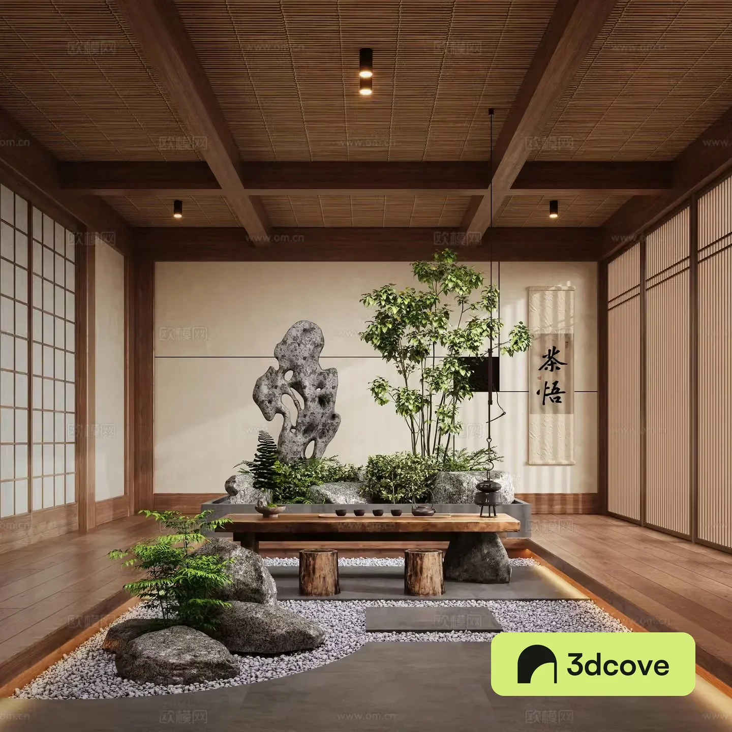 New Chinese style Zen tea room indoor landscaping landscape plants tea table