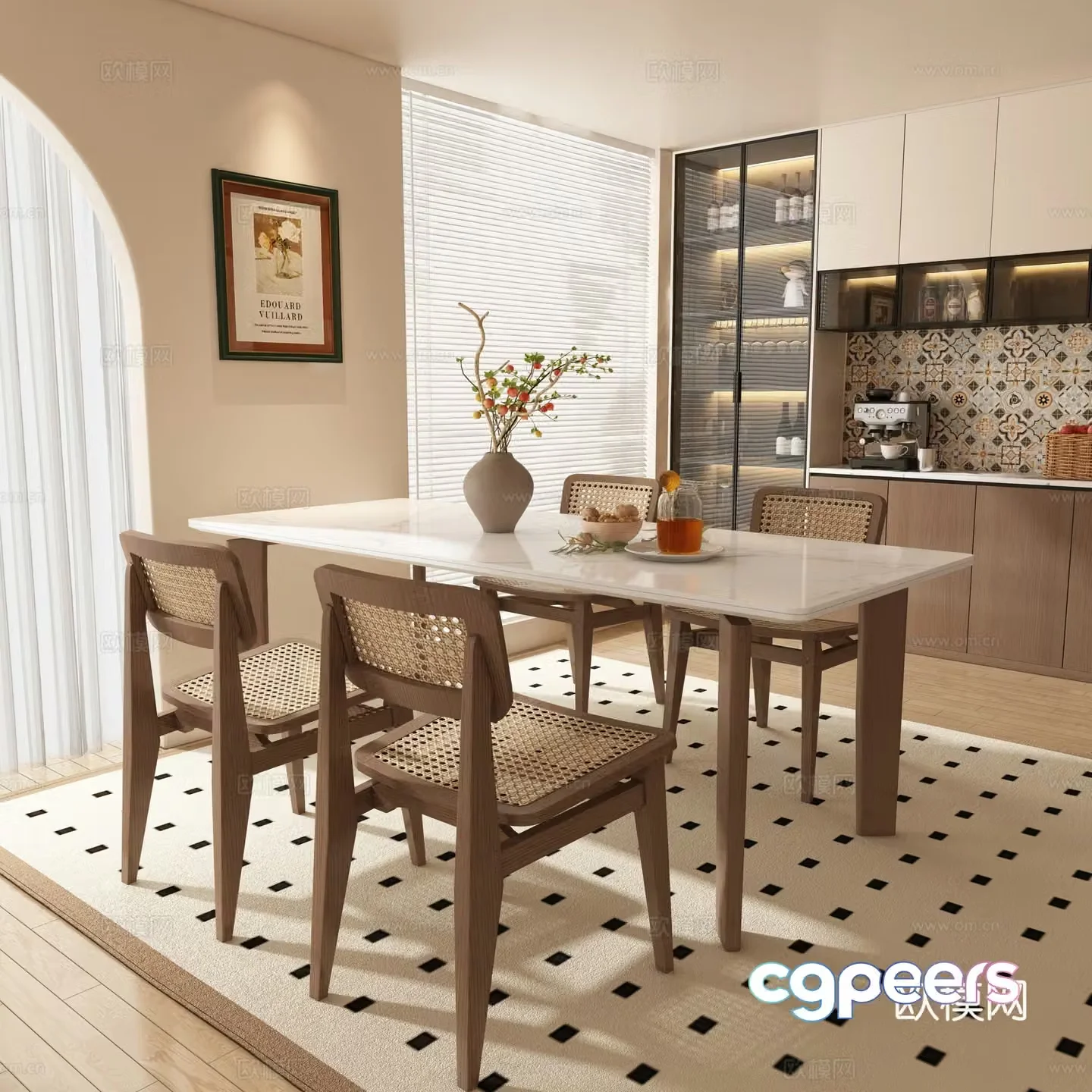 Medium style dining table and chairs strip dining table 3D model