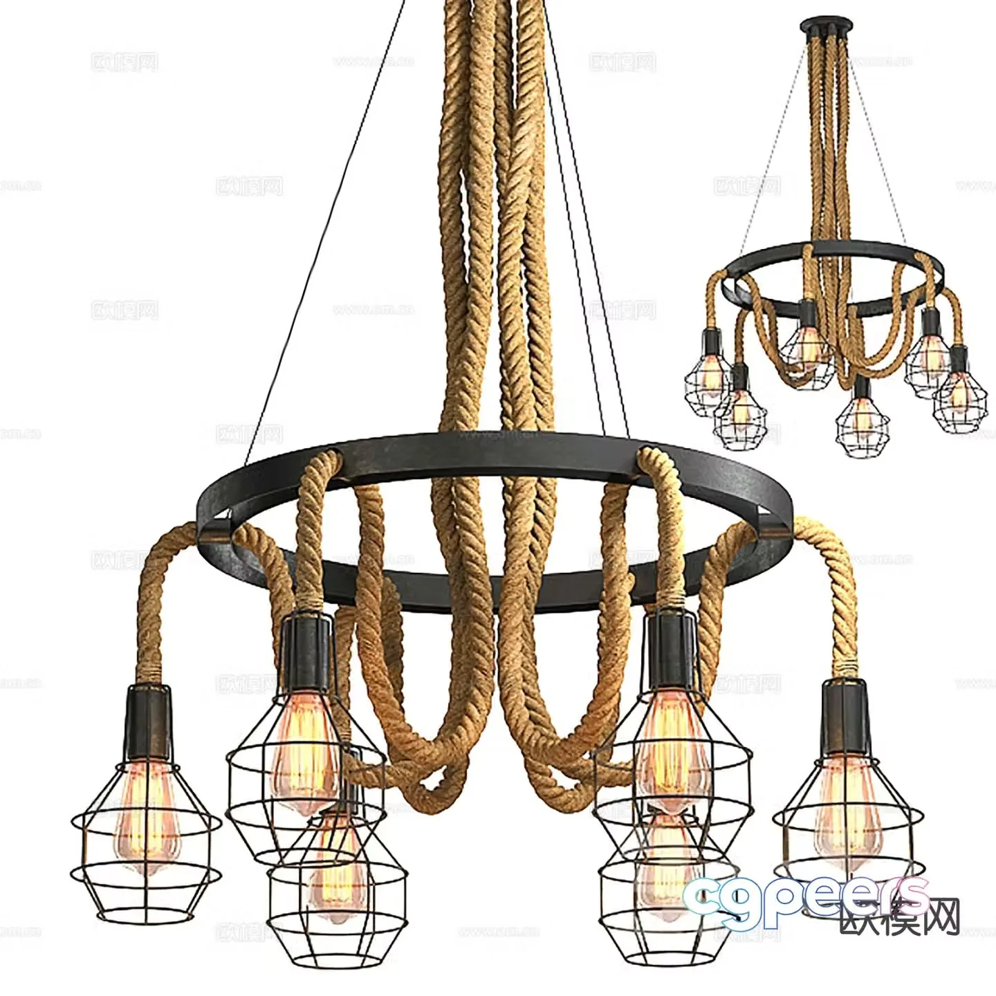 Industrial style chandelier rope bulb lamp 3d model