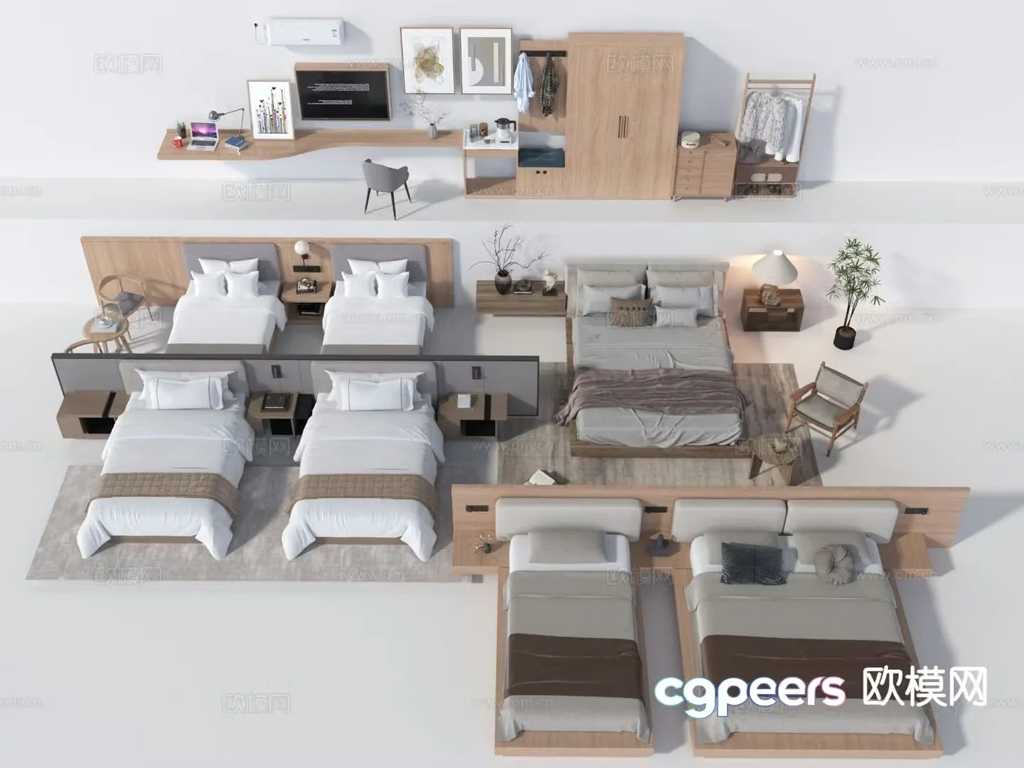 B&B double bed single bed 3d model
