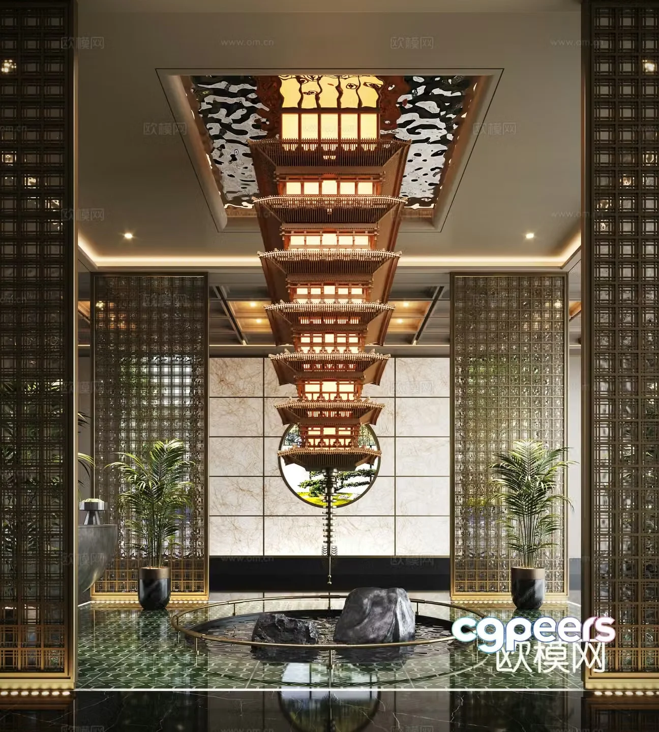 New Chinese hotel lobby screen partition sculpture device upside down device 3D model