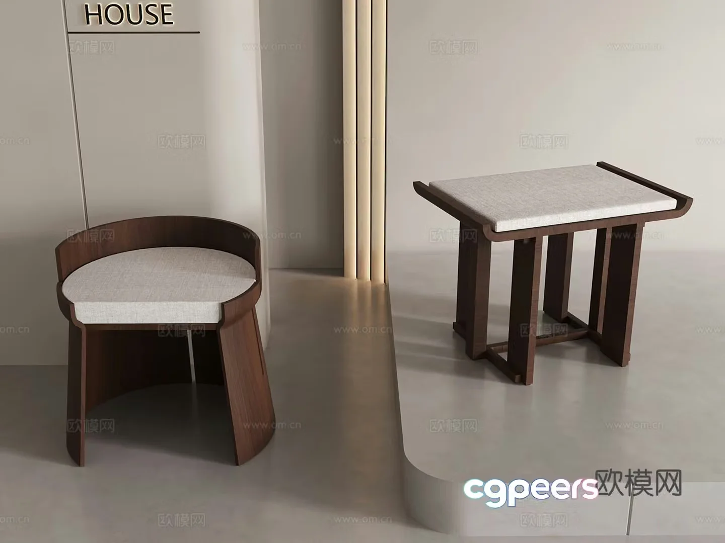Middle-aged low stool wooden stool 3d model