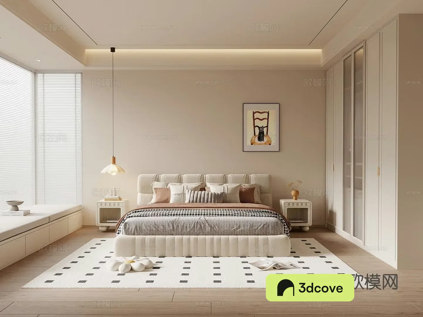Modern cream style bedroom fabric double bed nightstand chandeliers decorative painting