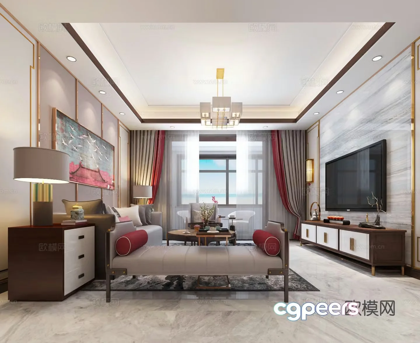 New Chinese style living and dining room chandeliers sofa 3d model