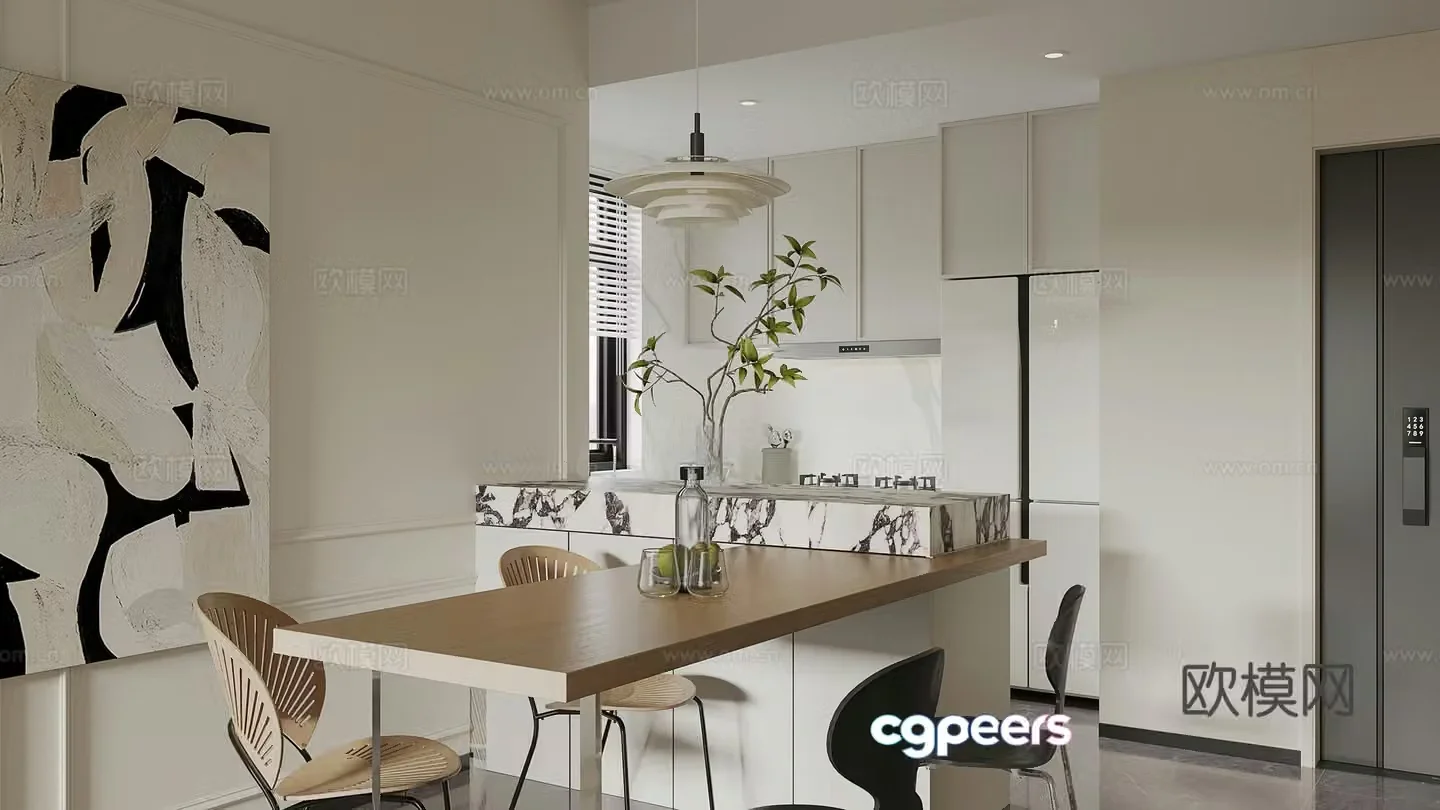 Modern restaurant French restaurant island open kitchen western kitchen log style cream style 3d model