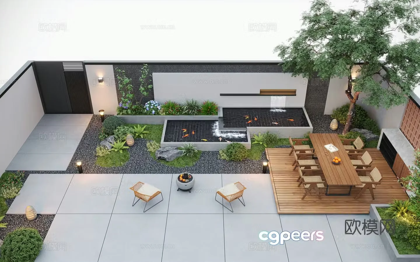 Modern courtyard landscape courtyard garden courtyard water view outdoor leisure chair outdoor dining table 3d model