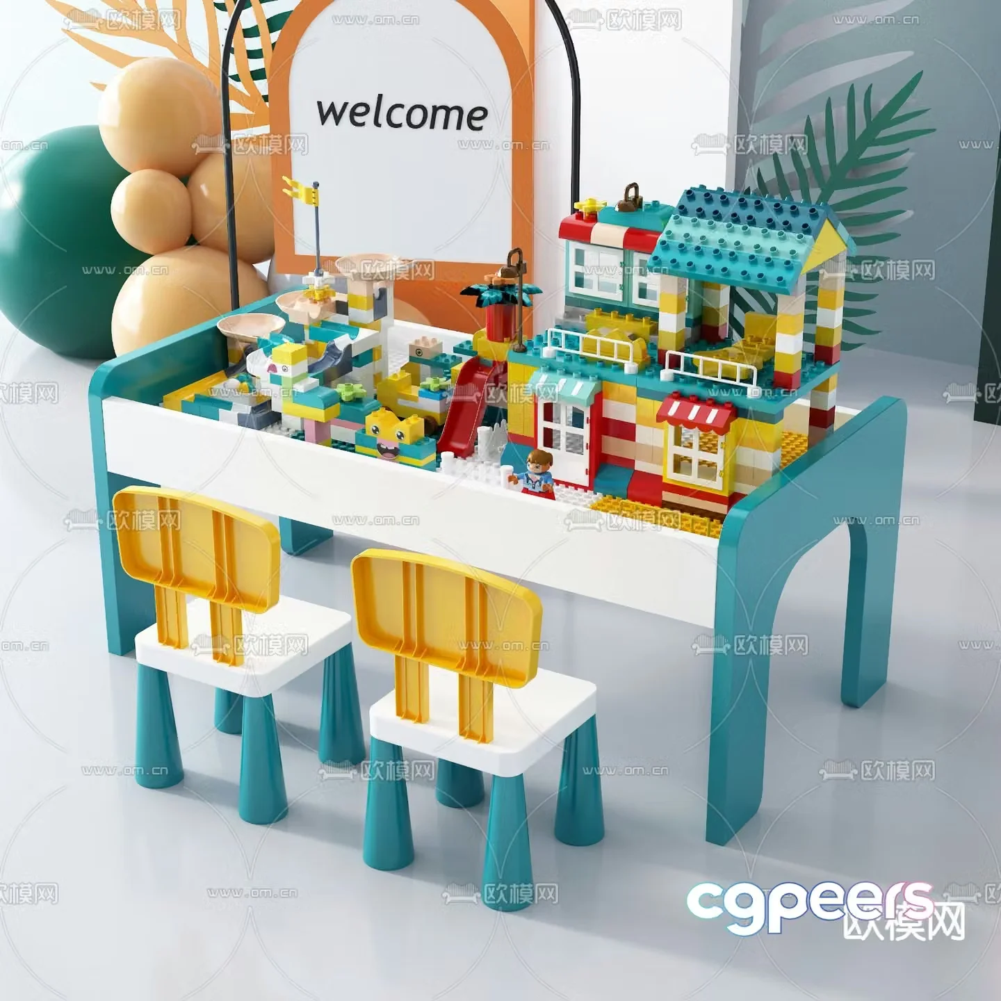 Modern children’s building block table and chair 3d model