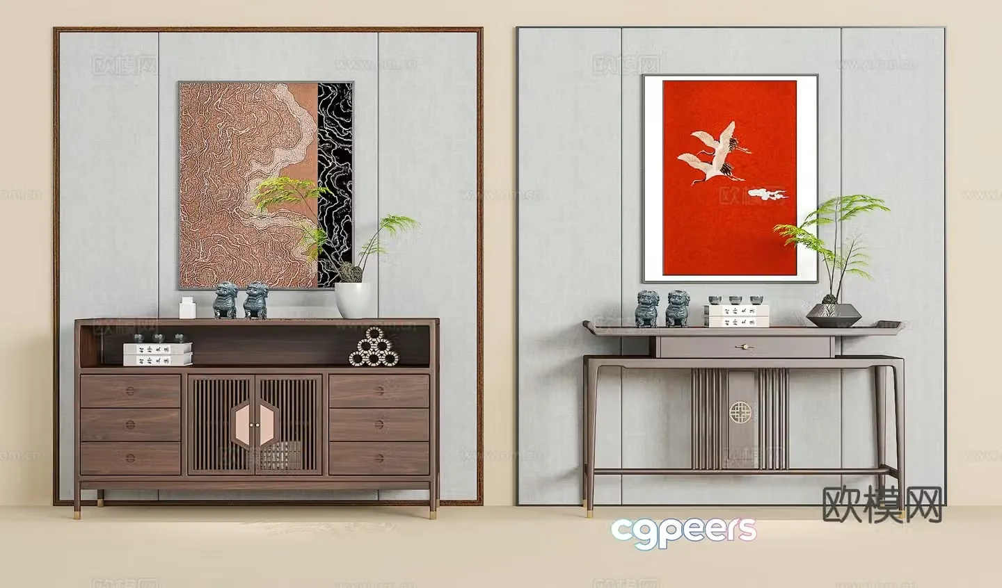 New Chinese style end-view side cabinet porch cabinet hanging painting green plants accessories ornaments 3D model