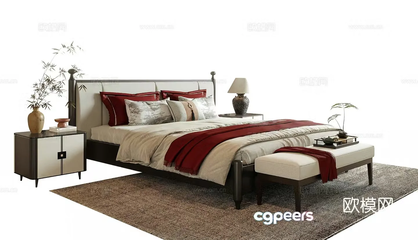 New Chinese style double bed bed tail stool bedside table 3D model