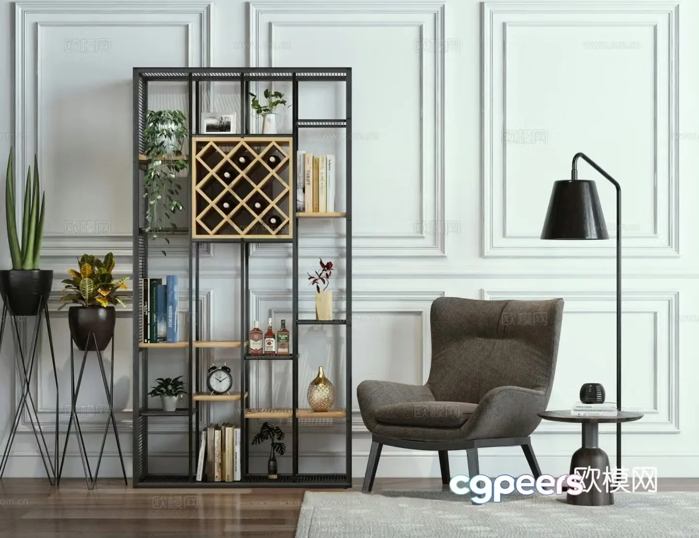 Industrial style storage rack casual gray sofa seat industrial style floor lamp flower rack 3d model