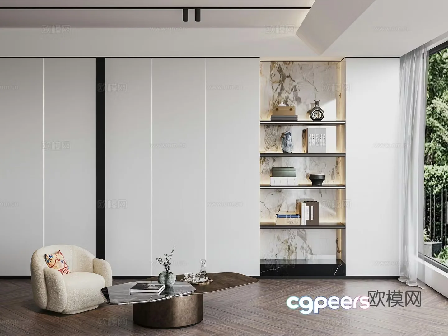 Modern living room sofa background wall bookcase storage cabinet 3d model