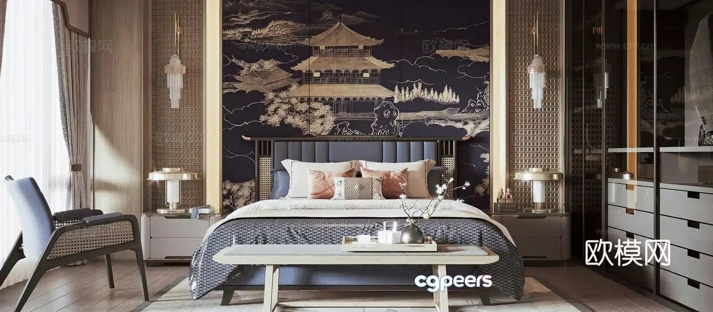 New Chinese style bedroom light luxury bedroom chandelier leisure chair wardrobe desk lamp wall lamp 3D model