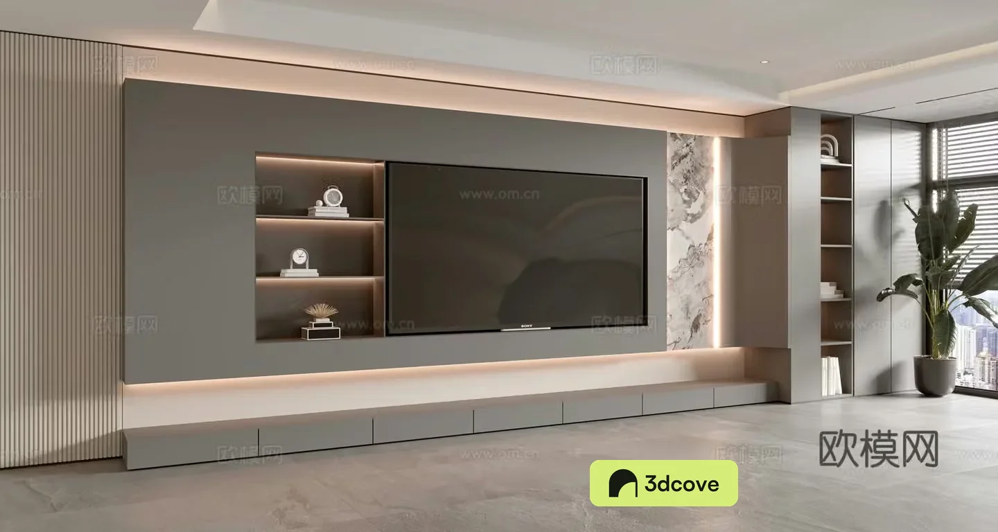 Modern Italian living room light luxury TV background wall full wall TV cabinet marble background wall