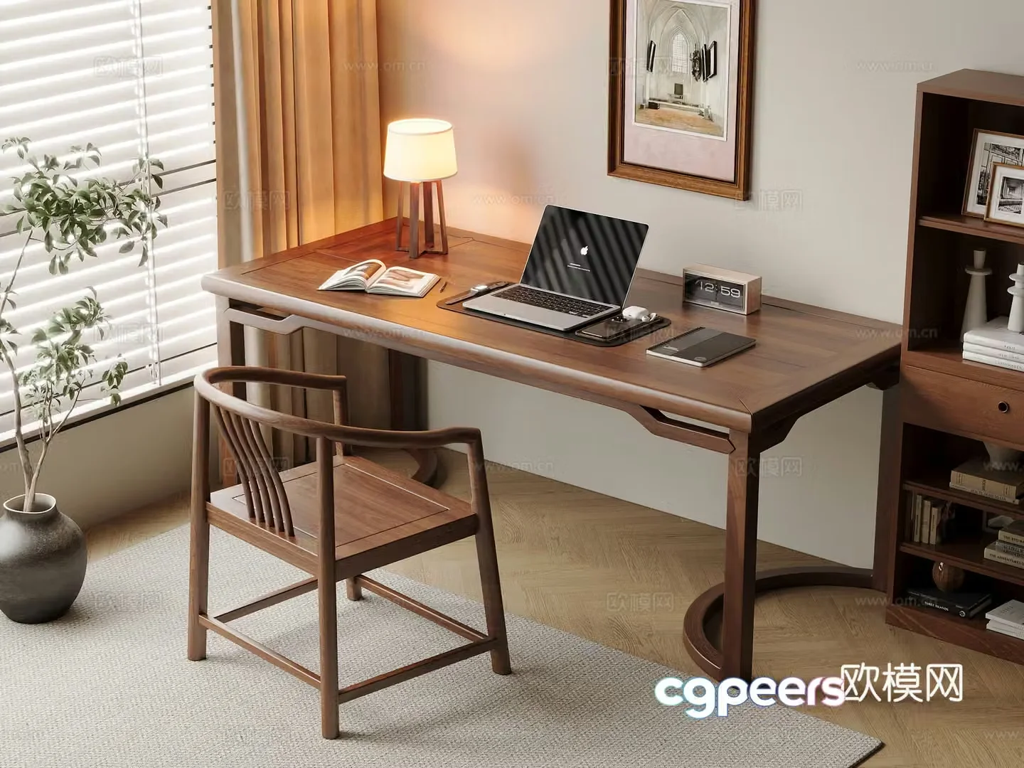Middle-aged style desk and chair solid wood computer desk and chair writing desk study desk and chair solid wood single chair bookcase 3D model
