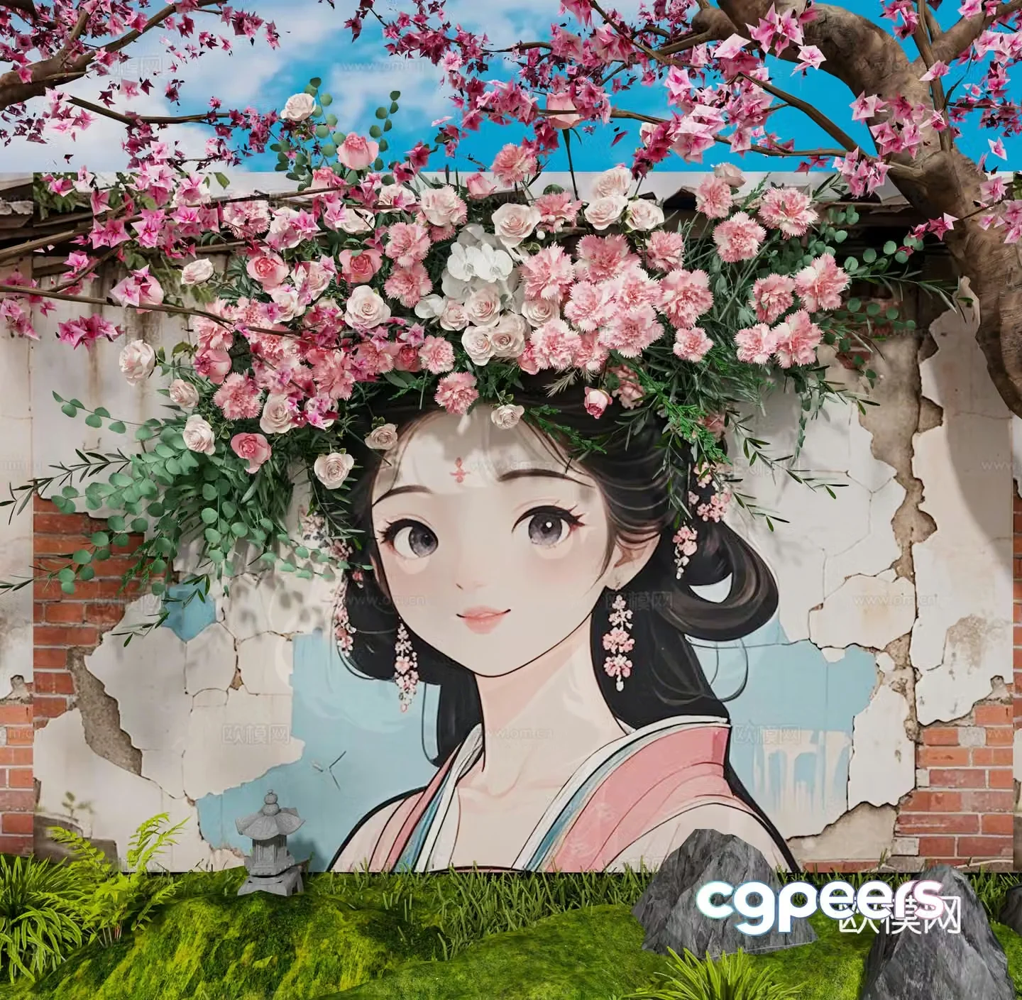 Modern walls Internet celebrity check-in wall painted wall cherry tree plants ancient characters painted 3D model
