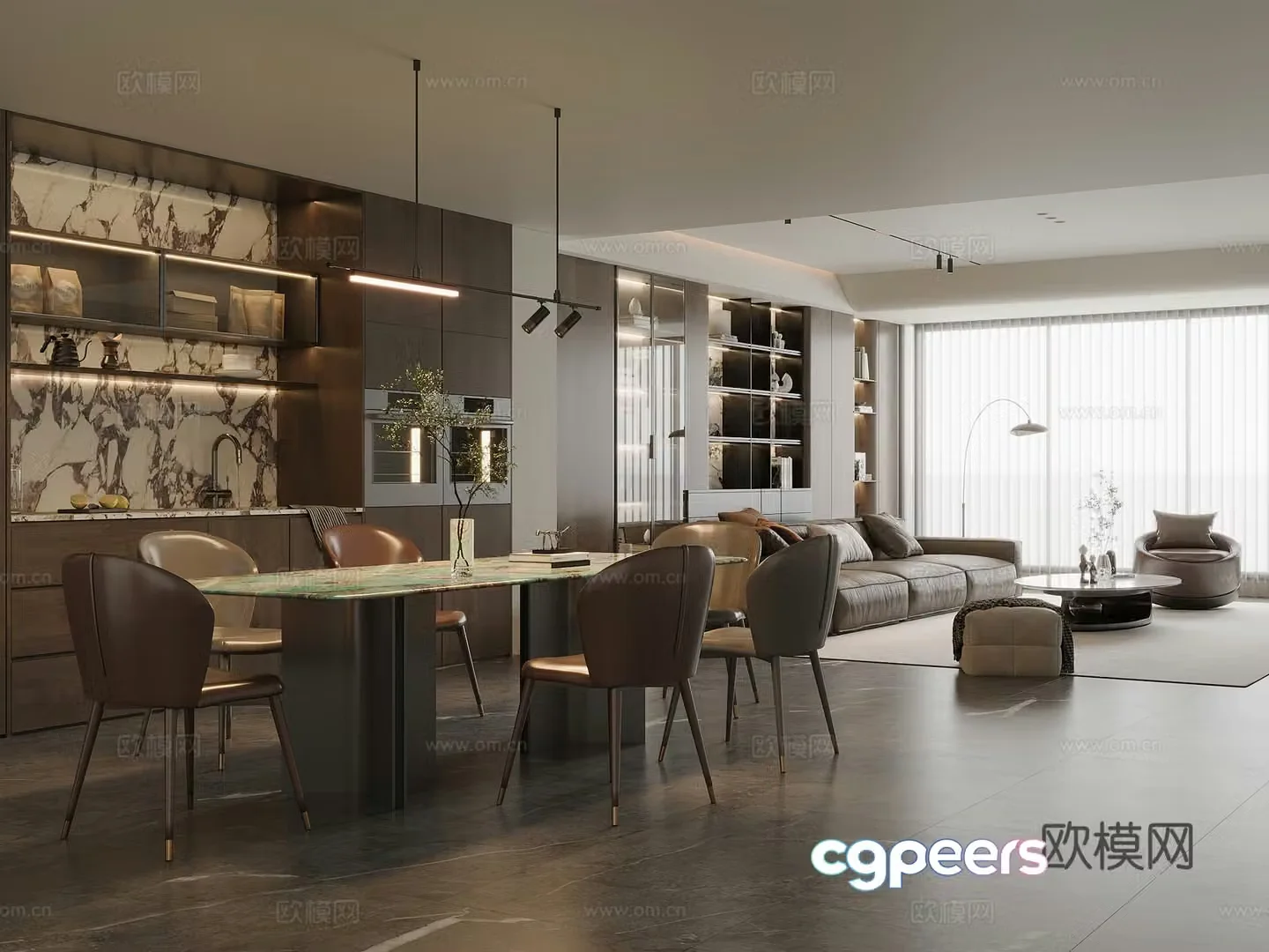 Modern Italian dining room marble dining table and chairs sideboard wine cabinet leather sofa coffee table combination 3D model