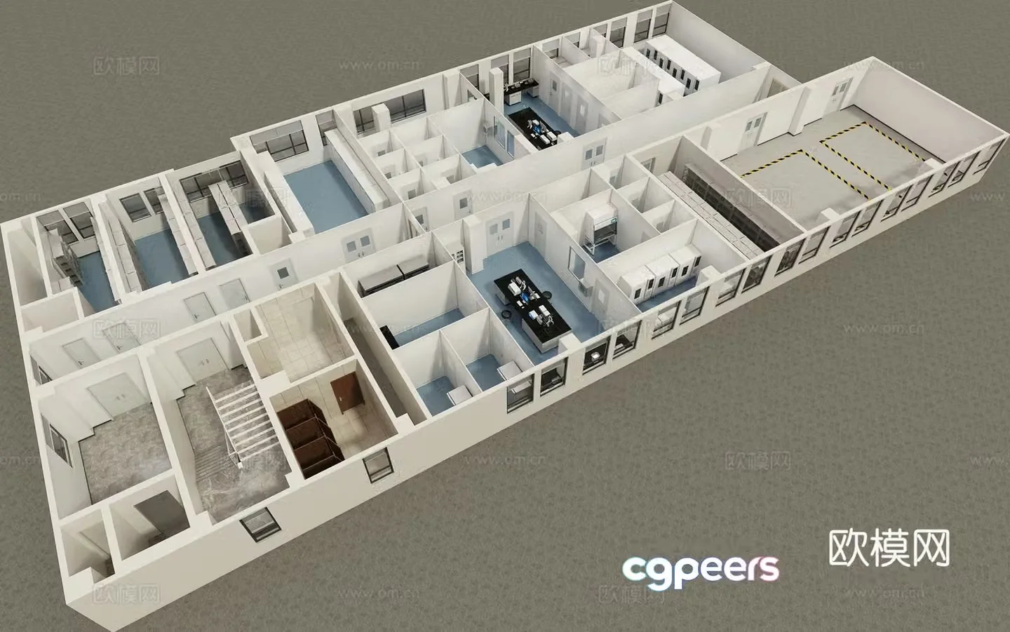 Aerial view 3d model of modern laboratory