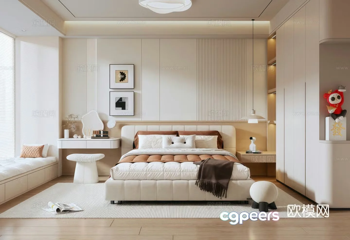 Modern minimalist Italian home bedroom wardrobe ceiling light double bed decorative painting bay window cushion 3D model