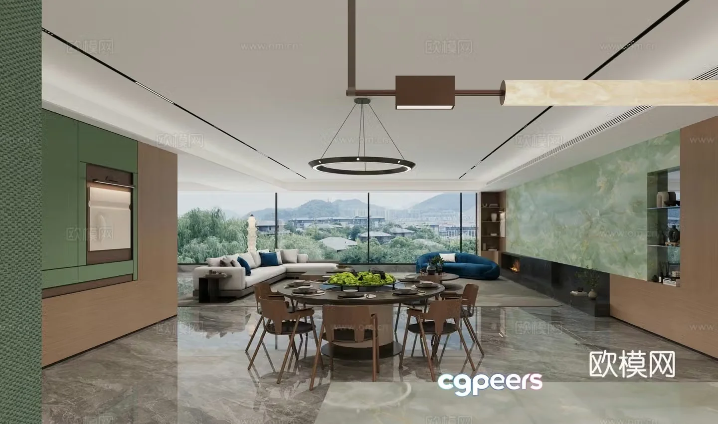 Modern light luxury large flat floor living and dining room 3D model