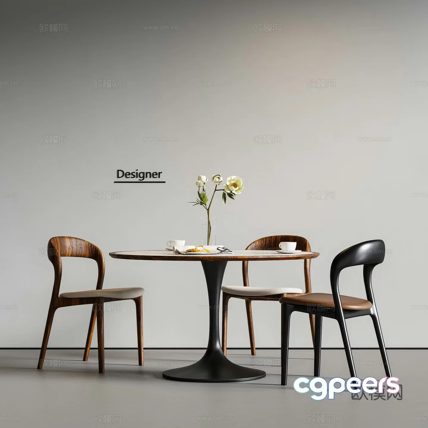 Medium style dining table and chairs Round dining table 3D model