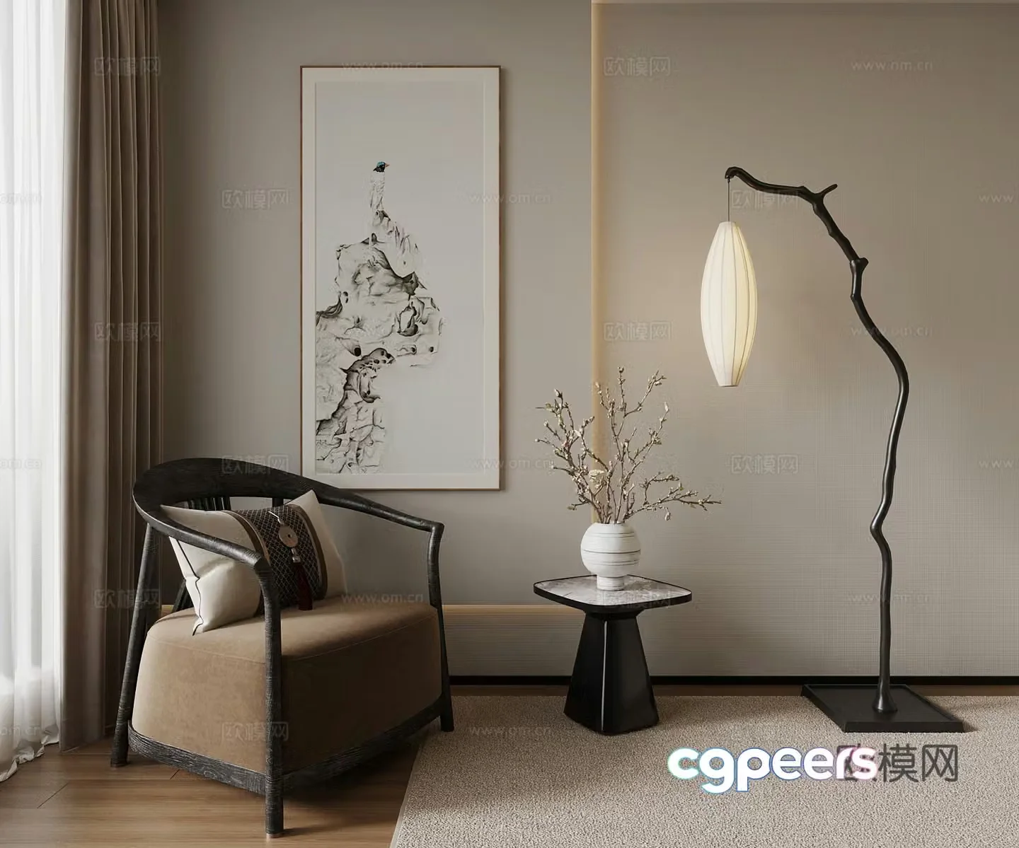 New Chinese style chair ring chair floor lamp 3d model