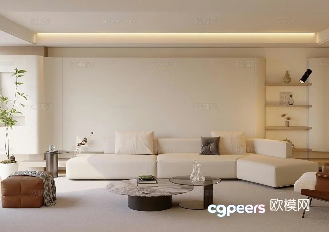 Modern cream home living room_Cream modern sofa combination_Local without owner lights_Horizontal hall 3D model