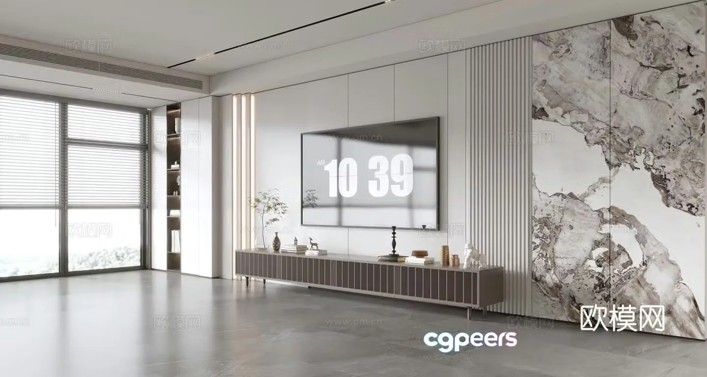 Modern Italian living room light luxury TV background wall full wall TV cabinet marble background wall 3d model