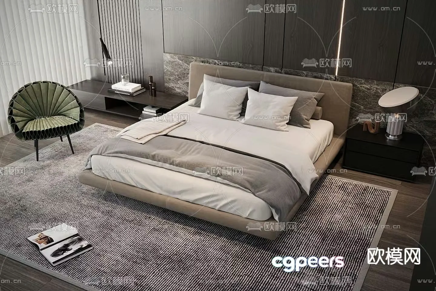 Modern double bed fabric bed 3d model