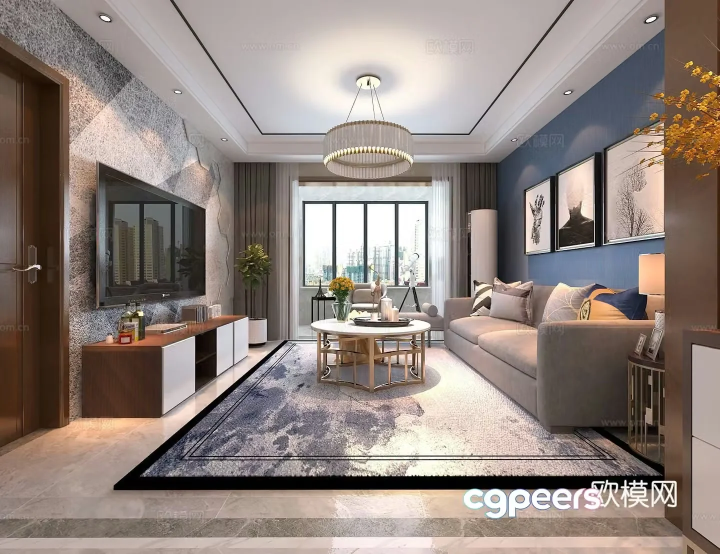 Modern living and dining room 3D model Dining table and chairs Sofa coffee table Chandelier Desktop ornaments Hanging painting 3D model