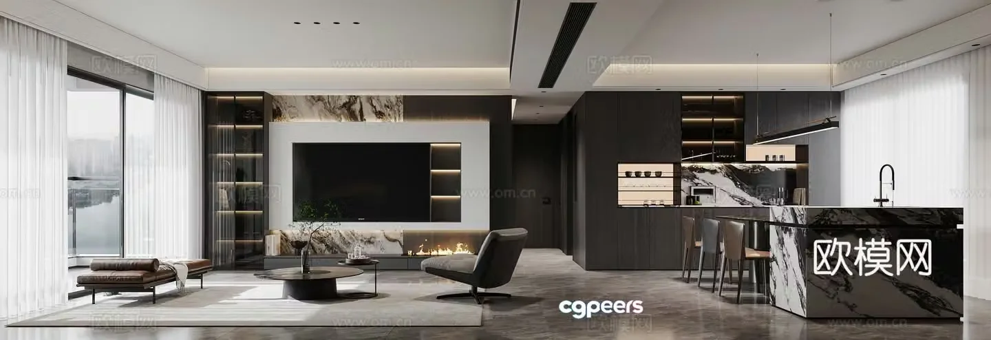 Modern dark color living and dining room 3D model