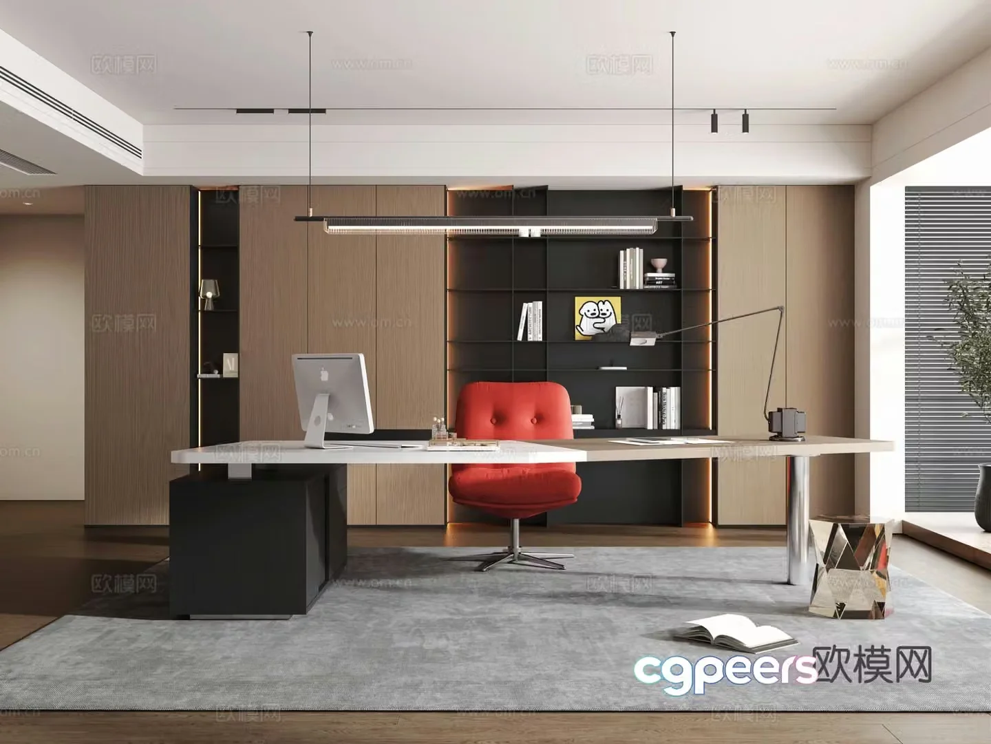 Italian light luxury study open study desk and chair combination bookcase desk and chandelier 3D model
