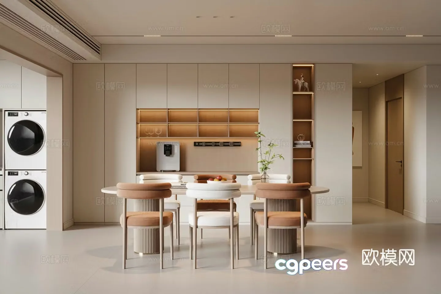 Modern cream style restaurant dining table and chair sideboard 3d model