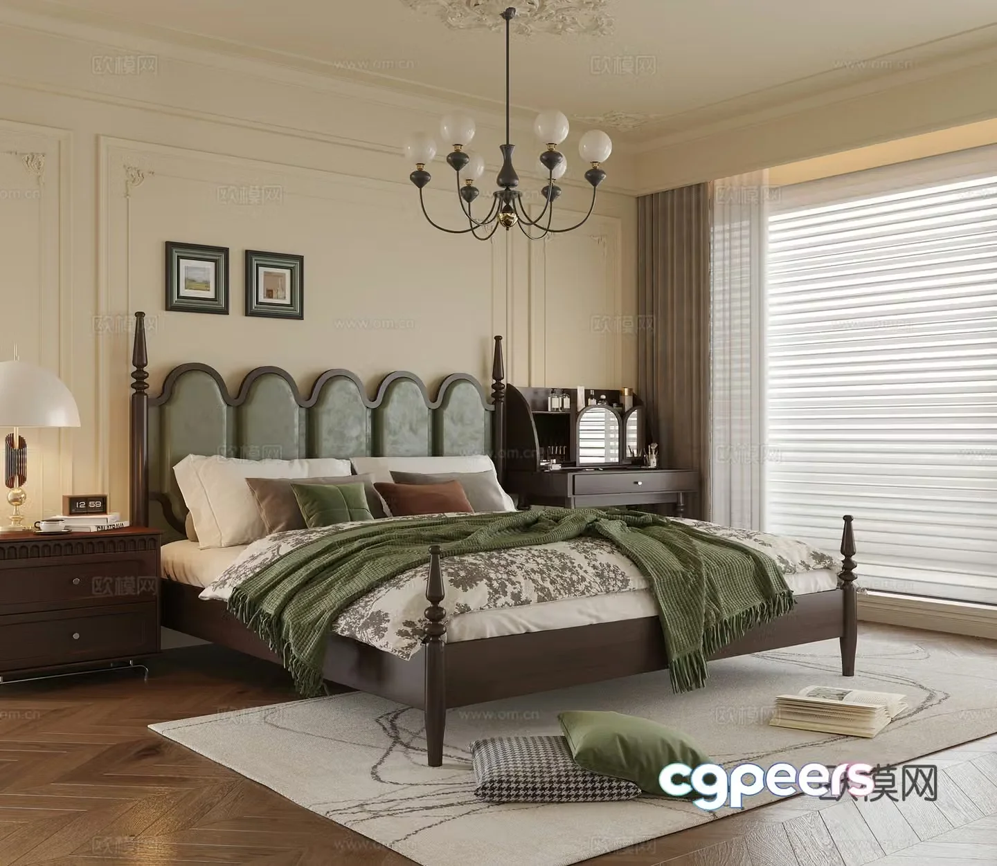 French bedroom double bed dressing table bedroom chandeliers 3d model