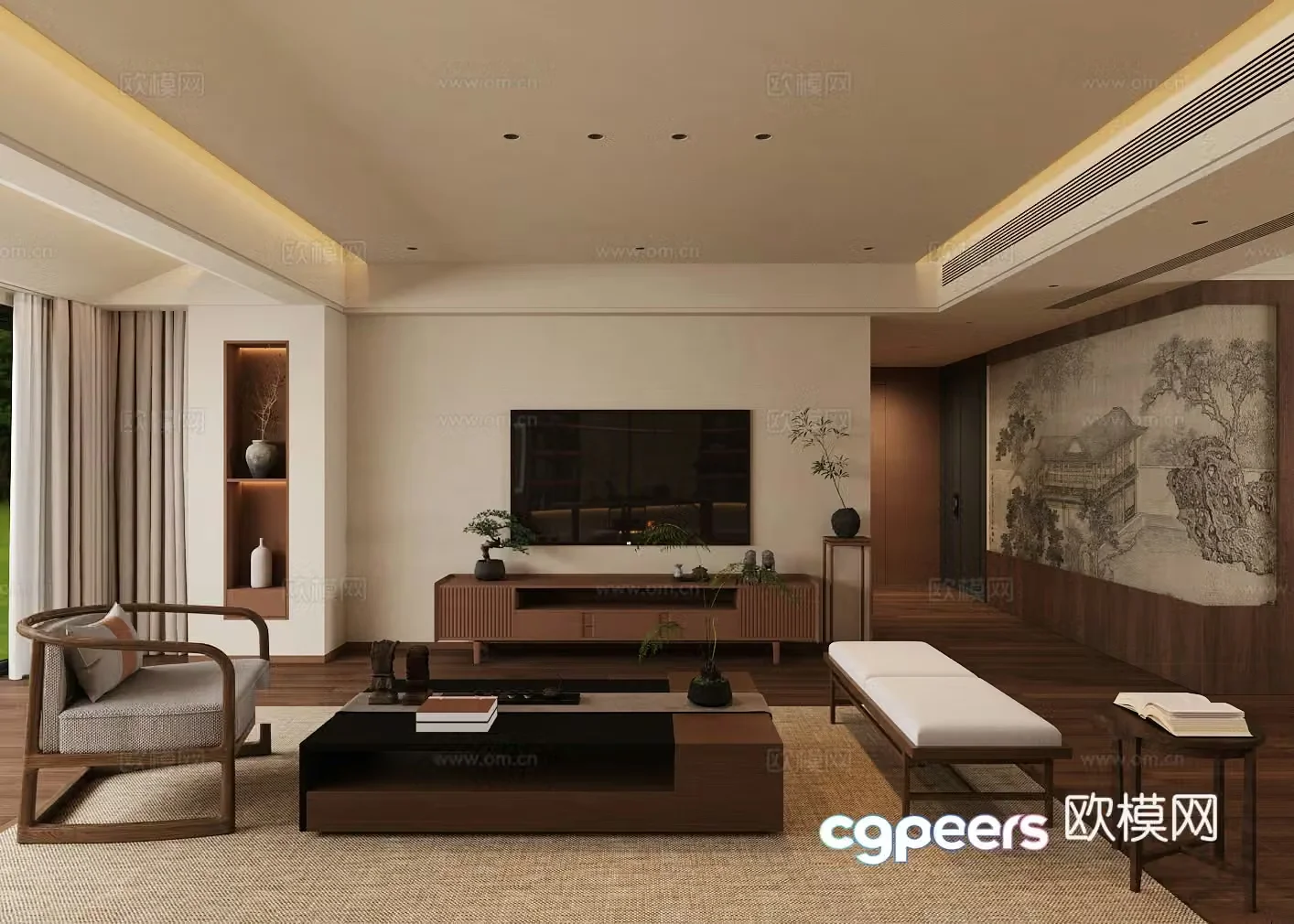 New Chinese Zen Home Living Room Chinese Living Room Background Wall Song-style Aesthetic Living Room Chinese Sofa Chair 3D Model